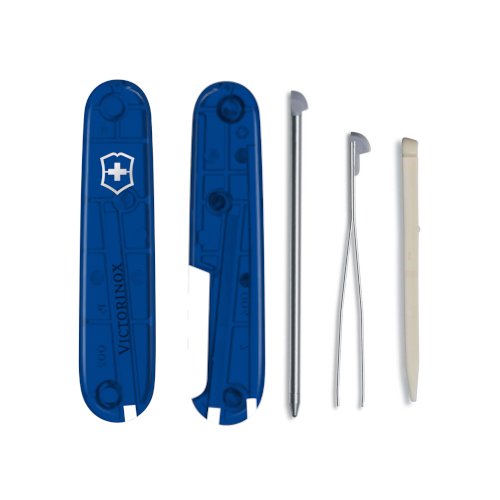 Классический синий полупрозрачный комплект для ножа Victorinox 91 мм - накладки, шариковая ручка, пинцет, зубочистка
