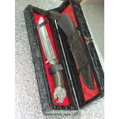 Нож туристический разделочный , для рыбалки Охотник 9 в чехле ножнах , подарочный черный кожаный футляр ( сталь 65х13)