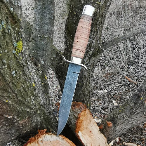 Нож разведчика 'НР-40' классический из дамасской стали с литьём из мельхиора, рукоять наборная береста