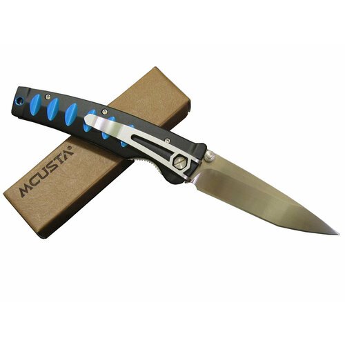 Нож складной, VG-10 San Mai (3-сл. пакет), клинок в форме танто, алюмин. рукоять (син/голуб.), клипса