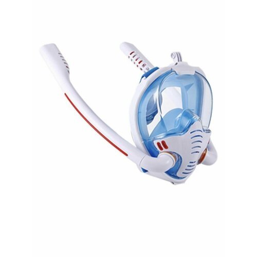 Полнолицевая маска для снорклинга с двумя трубками и креплением для экшн камеры. бело-синяя. S/M