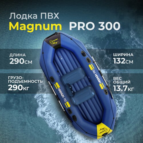 Лодка ПВХ под мотор надувная синий двухместная гребная для рыбалки Magnum PRO 300 грузоподьемность 290 кг