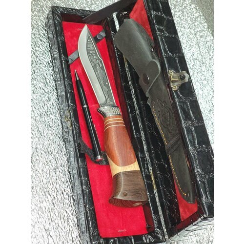 Нож туристический разделочный , охотничий Охотник 3 в чехле ножнах и подарочный черный кожаный футляр , ручка нож в подарок