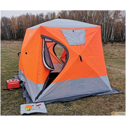 Утепленная зимняя палатка шатер для рыбалки / походная баня Terbo-Mir Куб 1, трехслойная, размеры 2,4 х 2,4 х 2,2 м, оранжевая