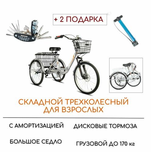 Трехколесный велосипед для взрослых РВЗ 'Чемпион' (складной), 24', насос и набор ключей в комплекте, серебро