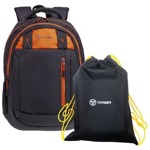 Рюкзак TORBER CLASS X, черный с оранжевой вставкой, 45 x 32 x 16см+Мешок для сменной обуви в подарок, T5220-22-BLK-RED-M