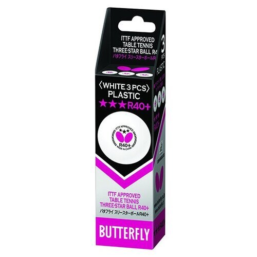 Мячи для н/тенниса Butterfly 3* R40+ Plastic x3, White