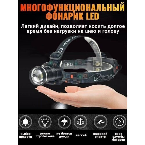 Налобный фонарь светодиодный, с датчиком движения, с регулировкой зума/zoom/Аккумуляторы 18650, LED с зарядкой, для рыбалки, охоты, альпинисто