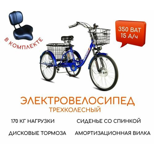 Электровелосипед трехколесный для взрослых РВЗ 'Чемпион', 350 15 (диван), синий