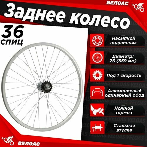 Колесо для велосипеда заднее 26' TRIX, алюминиевый одинарный обод, втулка стальная, ножной тормоз, 1 скорость, гайка