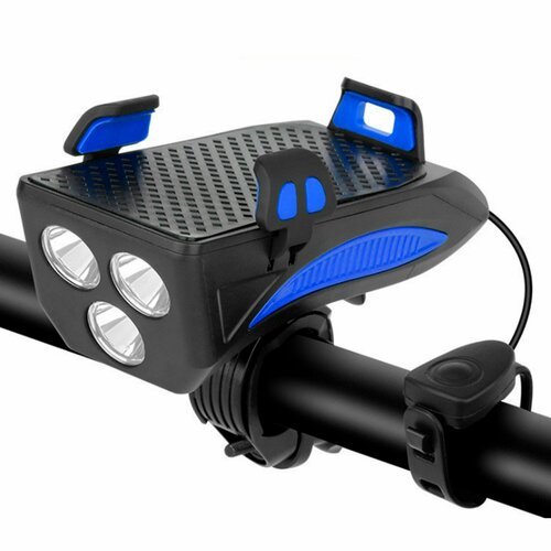 Фонарь передний COMIRON 'HOLDER' ABS, IPX5; 3*T6 LED, 400lm; 4800mAh USB индикатор заряда POWER BANK сигнал 130Дб крепление смартфона синий