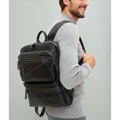 Рюкзак кожаный мужской городской Capsa с 4 наружными карманами, черный
