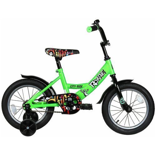 Велосипед детский двухколесный CITYRIDE Roadie, рама сталь, колеса 14', страховочные колеса, зеленый