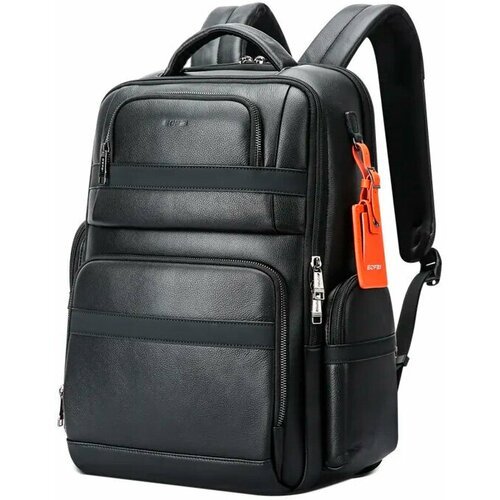 Рюкзак мужской городской дорожный Bopai First Layer Cowhide большой 34л, для ноутбука 15.6', с USB портом, черный, влагостойкий, из натуральной кожи