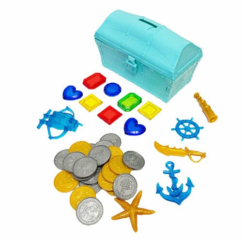Тонущие (подводные) игрушки для бассейна Сундук с сокровищами (42 предмета), для ныряния и обучения плаванию, бирюзовый