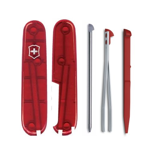 Красный полупрозрачный комплект для ножа Victorinox 91 мм - накладки, шариковая ручка, пинцет, зубочистка