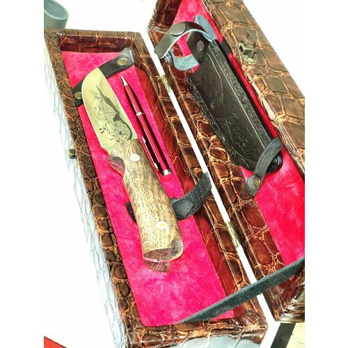 Нож туристический разделочный , для рыбалки и охоты Барс в чехле ножнах , подарочный черный кожаный футляр , ручка нож