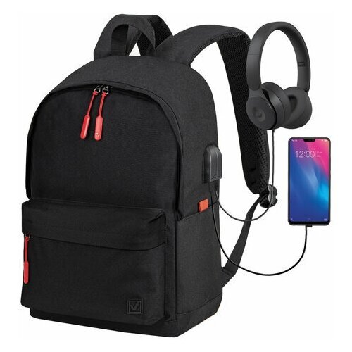Рюкзак BRAUBERG URBAN универсальный с отделением для ноутбука USB-порт 'Energy' черный 44х31х14 см, 1 шт