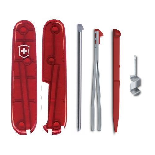 Красный полупрозарчный комплект для ножа Victorinox 91 мм - накладки, шариковая ручка, пинцет, зубочистка, мини отвертка