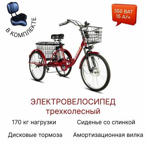 Электровелосипед трехколесный для взрослых РВЗ 'Чемпион' 350 15 (диван), красный