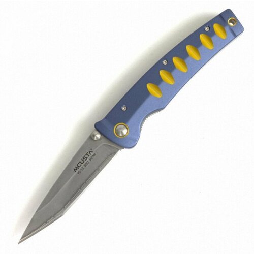Нож складной, VG-10 San Mai (3-сл. пакет), клинок в форме танто, алюмин. рукоять (син/желт.), клипса